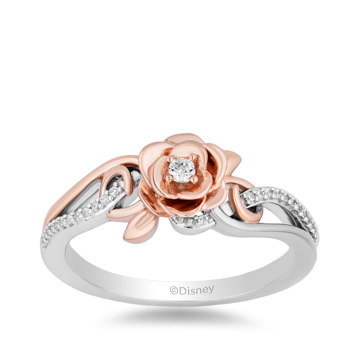 sterling silver diamond ring with pink gold rose and accents