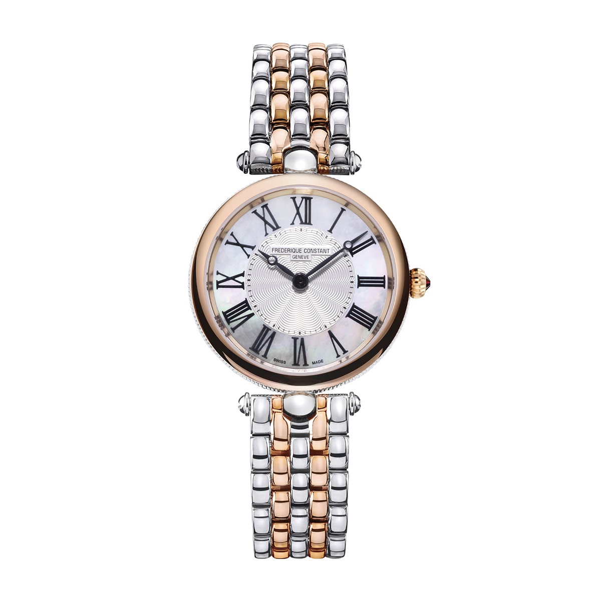 White & pink stainless steel mother of pearl & silver dial Frederique Constant Art Deco quartz watch