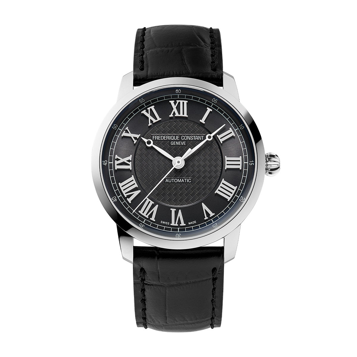 Stainless steel black dial & black leather alligator pattern strap Frederique Constant Watch