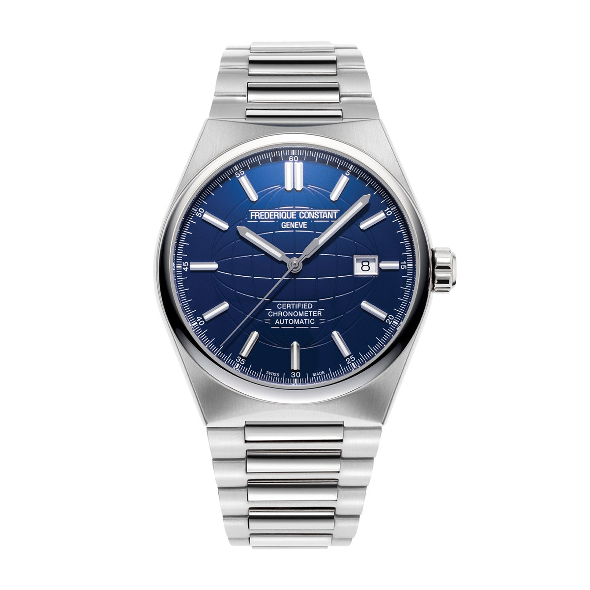 Stainless steel globe pattern blue dial automatic Frederique Constant watch