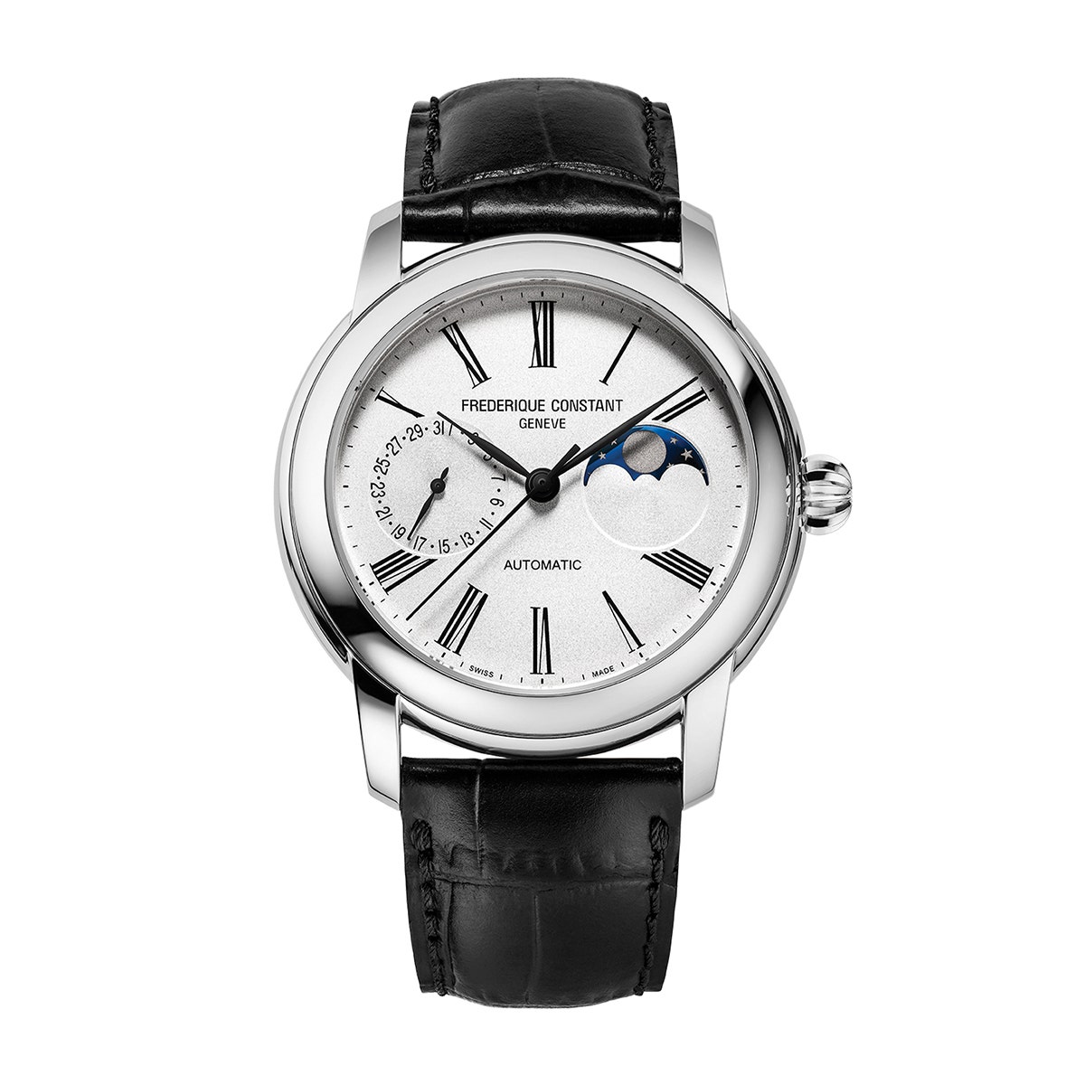Stainless steel white dial & black leather strap automatic men's Frederique Constant watch