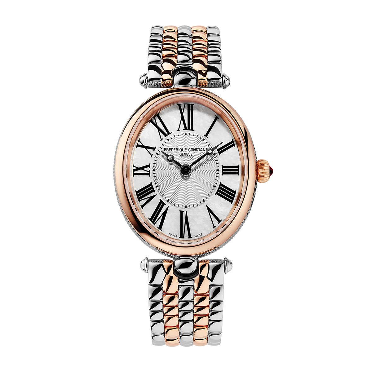 White & pink stainless steel mother of pearl & silver oval dial Frederique Constant Art Deco quartz watch