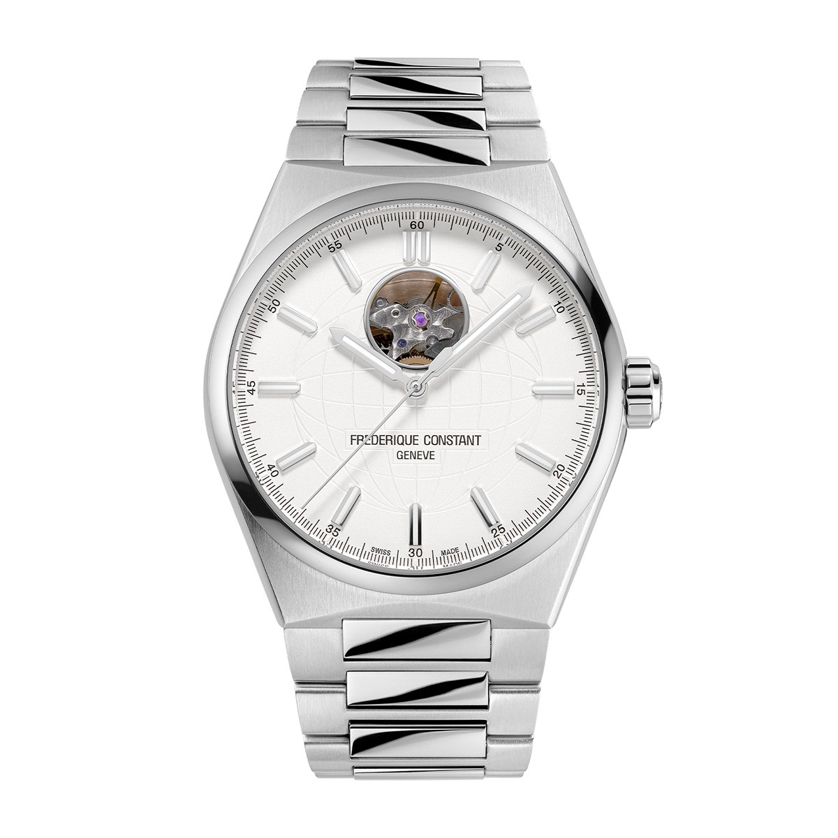 Stainless steel open aperture globe pattern white dial automatic Frederique Constant watch
