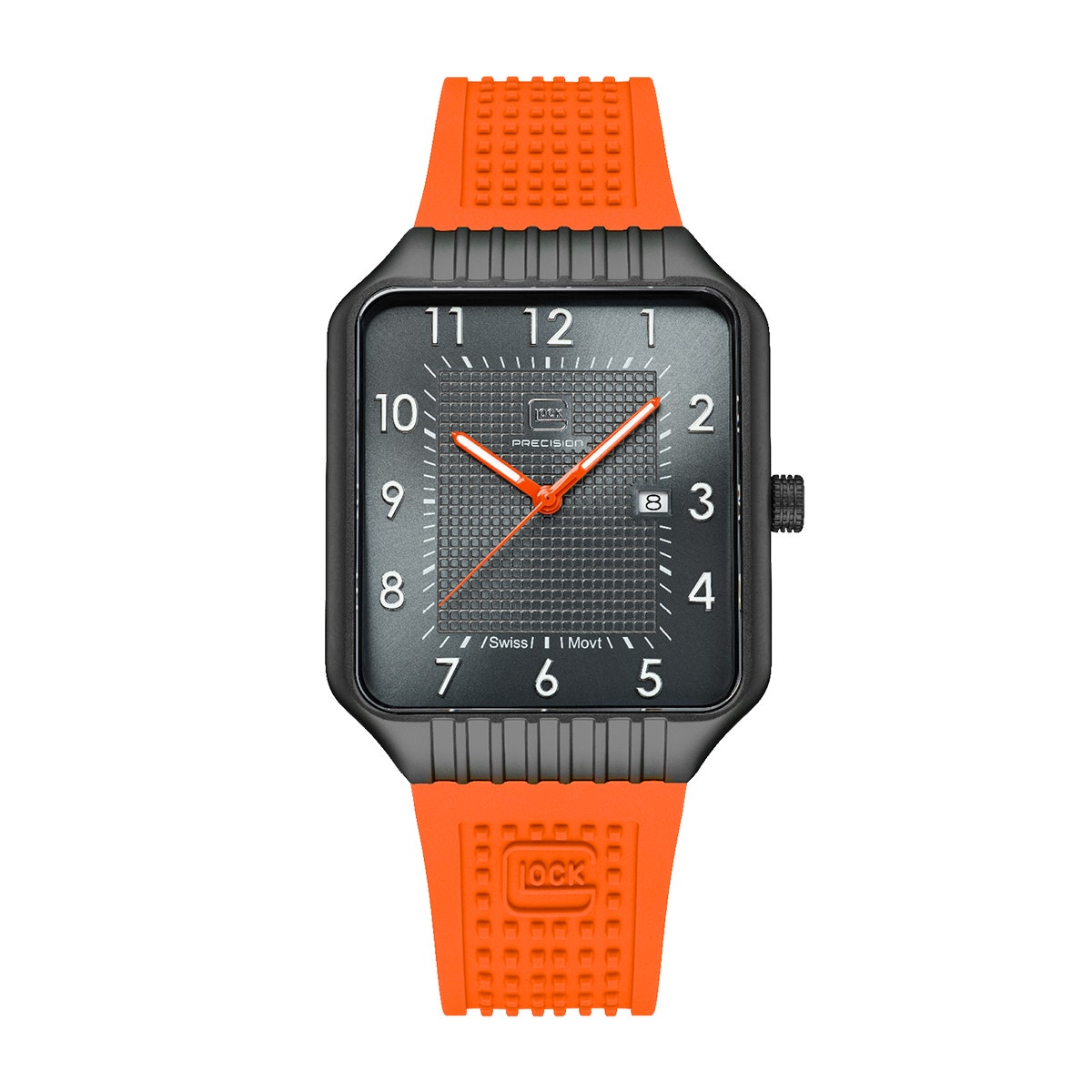 Black stainless steel black square dial and orange silicone strap men's Glock quartz watch