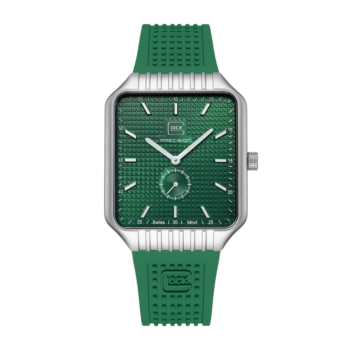 Stainless steel green square dial and silicone strap men's Glock quartz watch