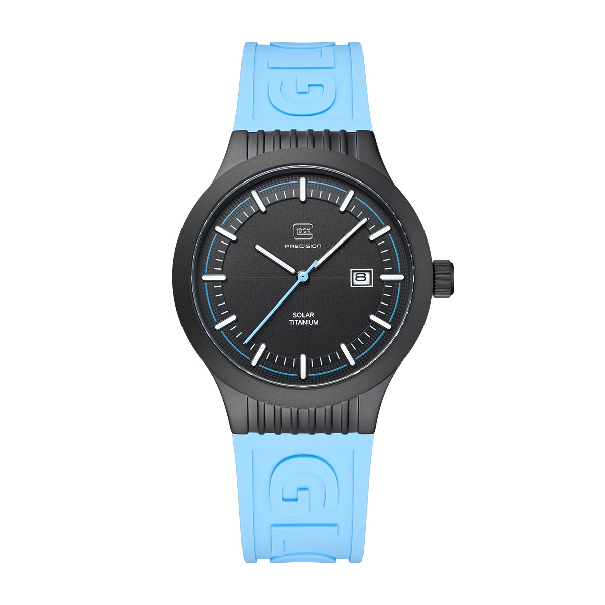 Black stainless steel light blue silicone strap men's Glock quartz watch
