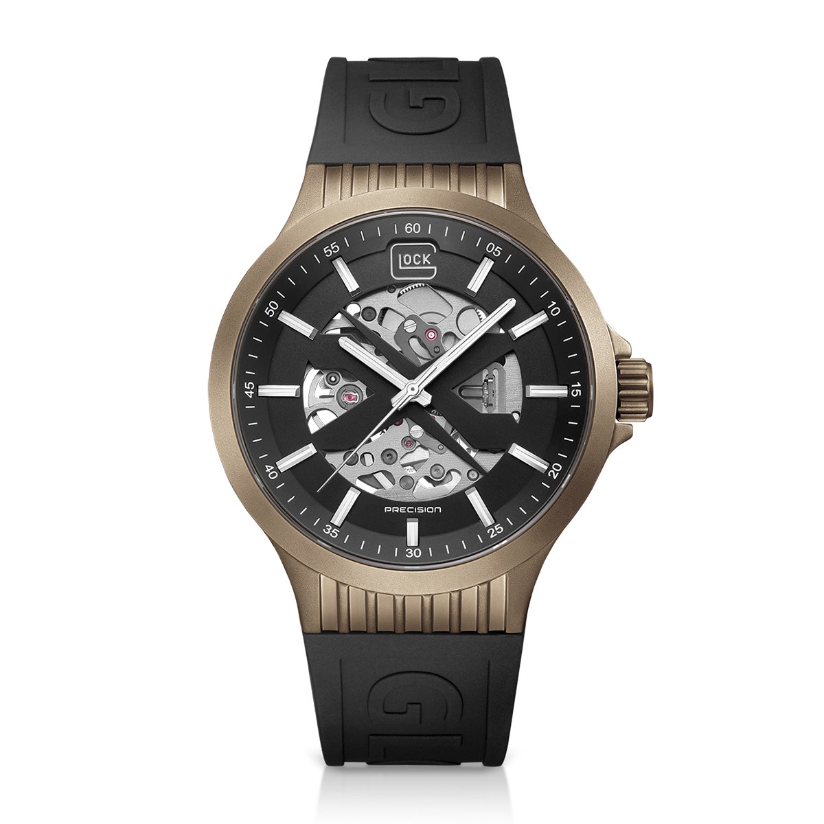 Brown stainless steel black open aperture dial & silicon strap men's Glock automatic watch
