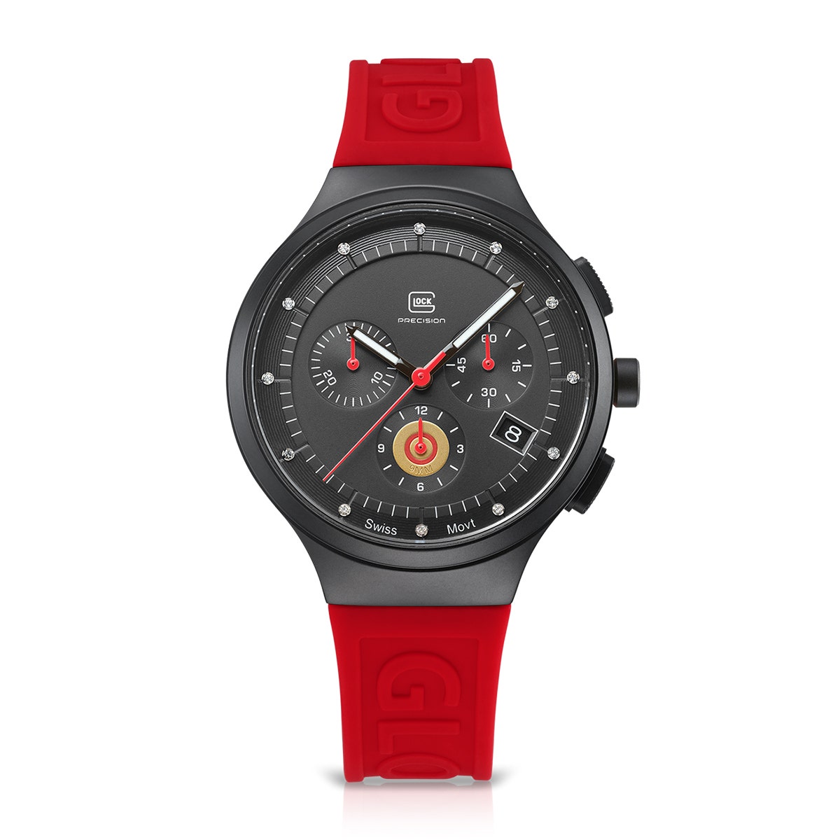 Black stainless steel black dial and red silicone strap men's Glock quartz chronograph watch
