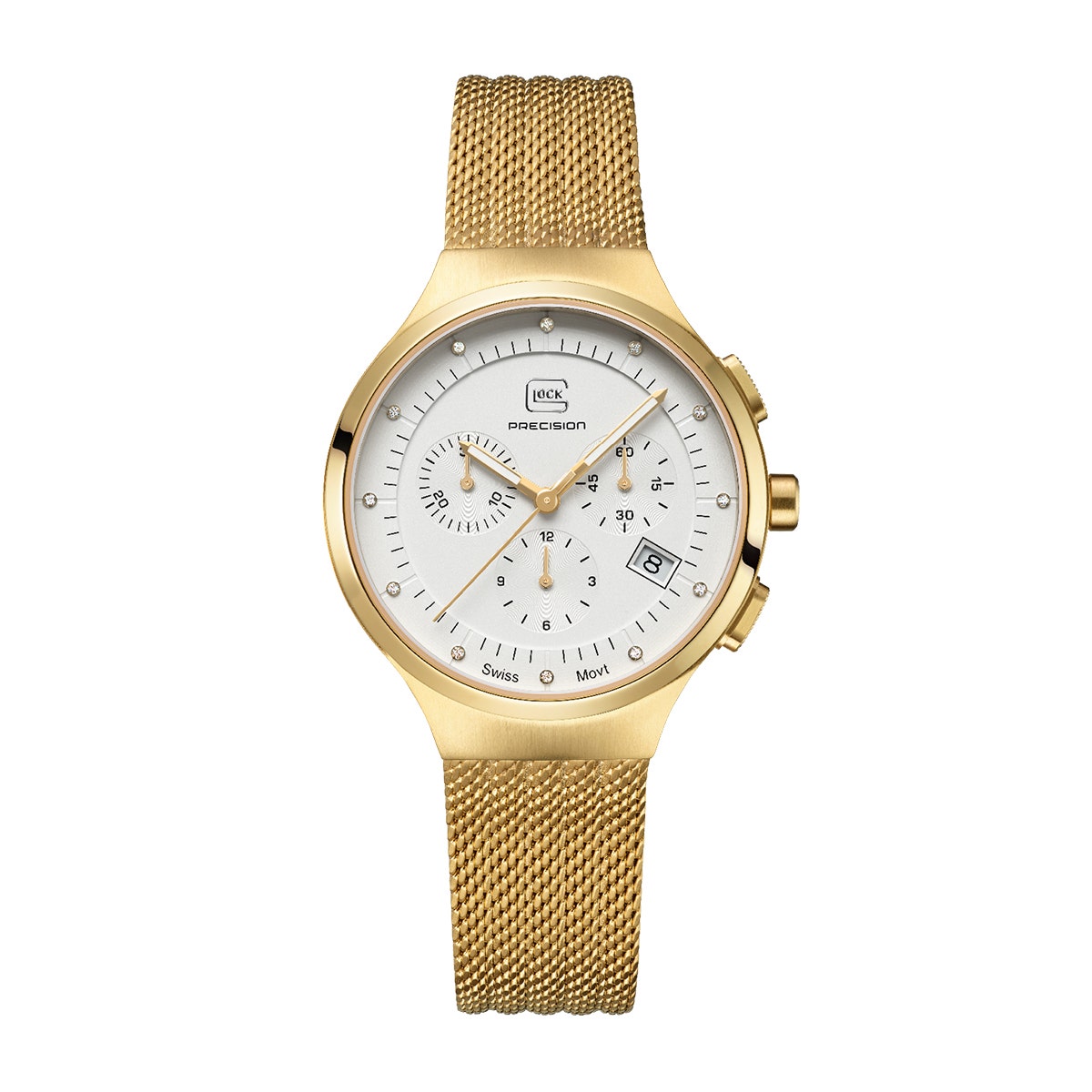 Gold-tone stainless steel diamond accent white dial with mesh band ladies Glock quartz chronograph watch
