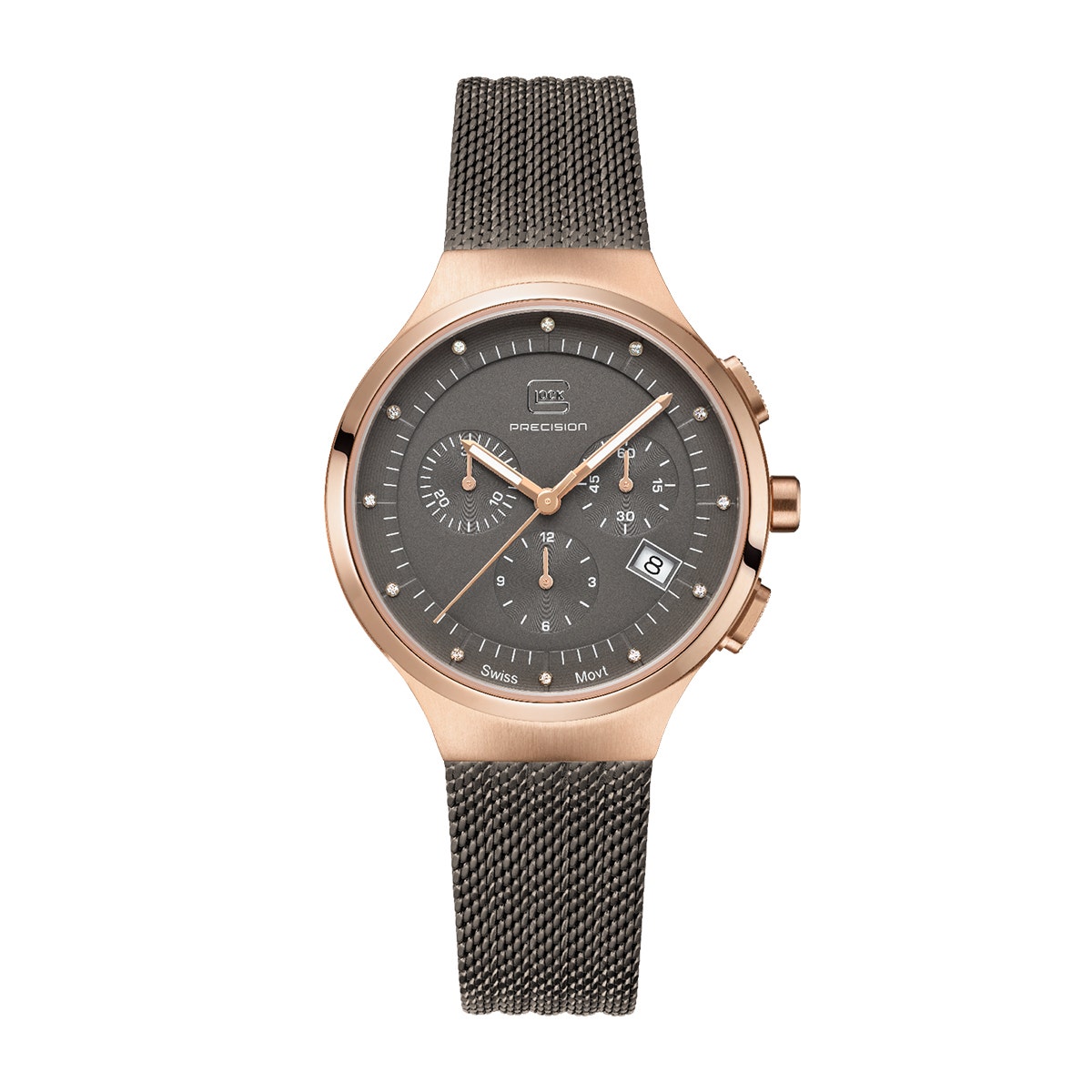 Rose gold-tone stainless steel diamond accent gray dial and mesh band ladies Glock quartz chronograph watch