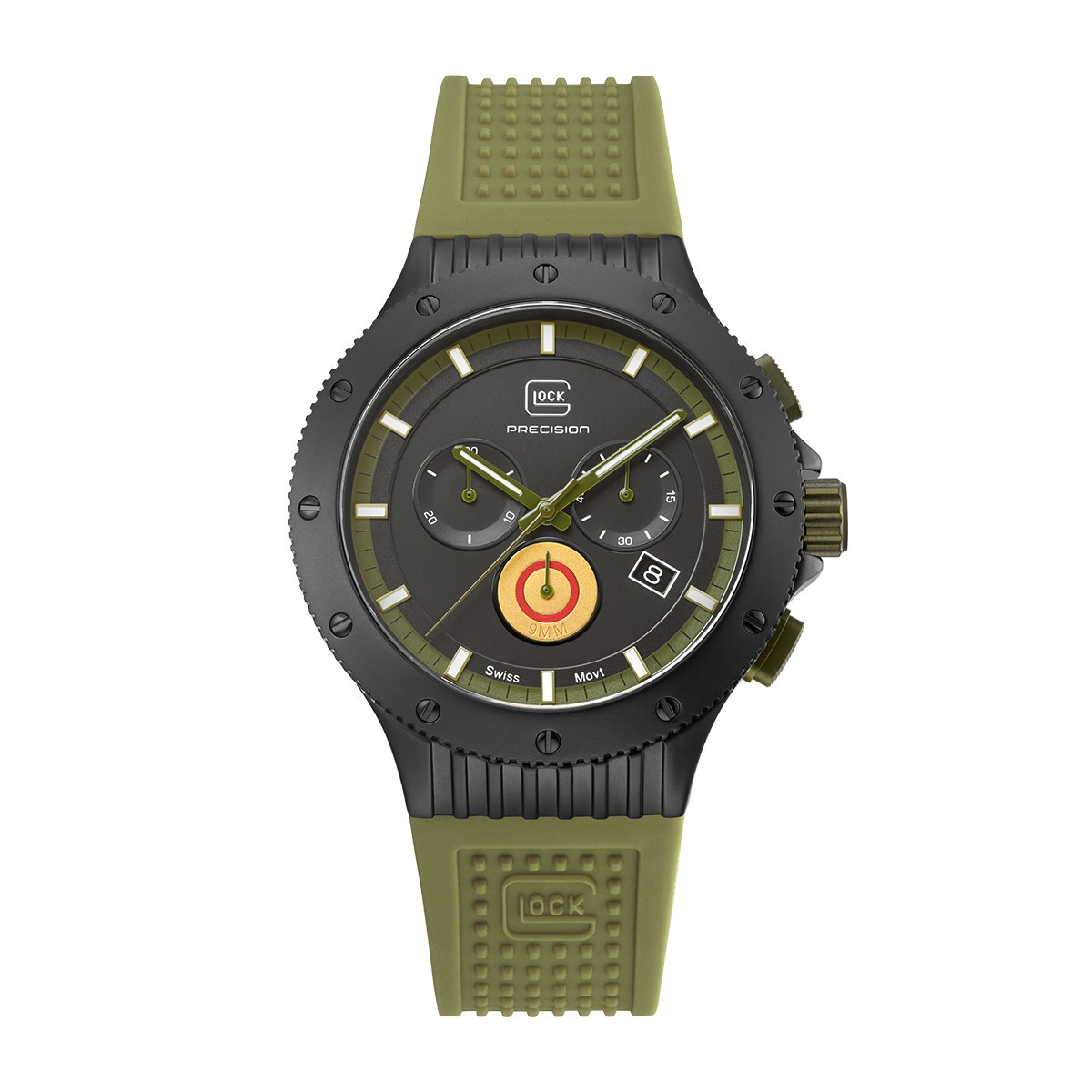Black titanium black dial and green silicone strap men's Glock quartz chronograph watch
