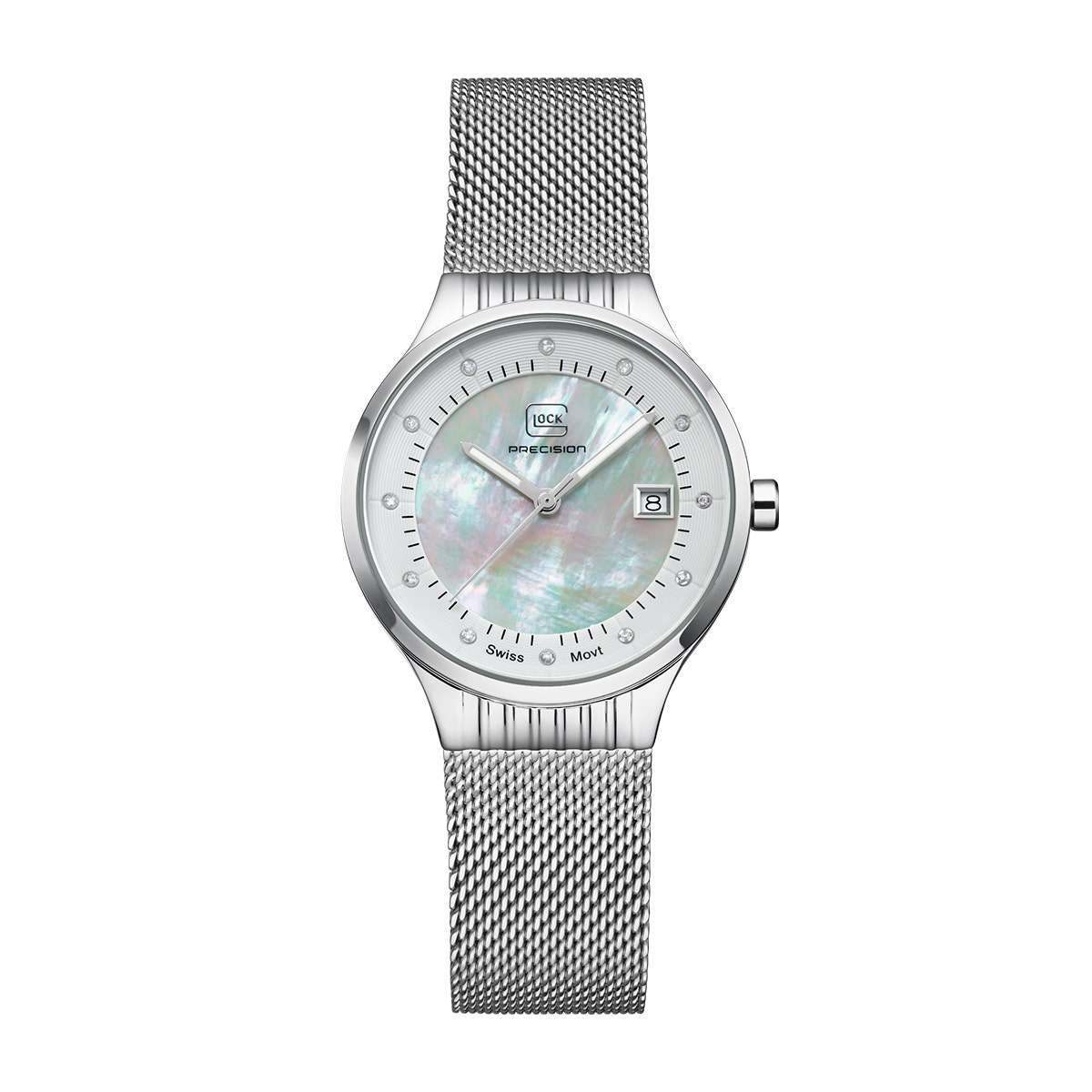 Stainless steel diamond accent mother of pearl dial and mesh band ladies' Glock quartz watch
