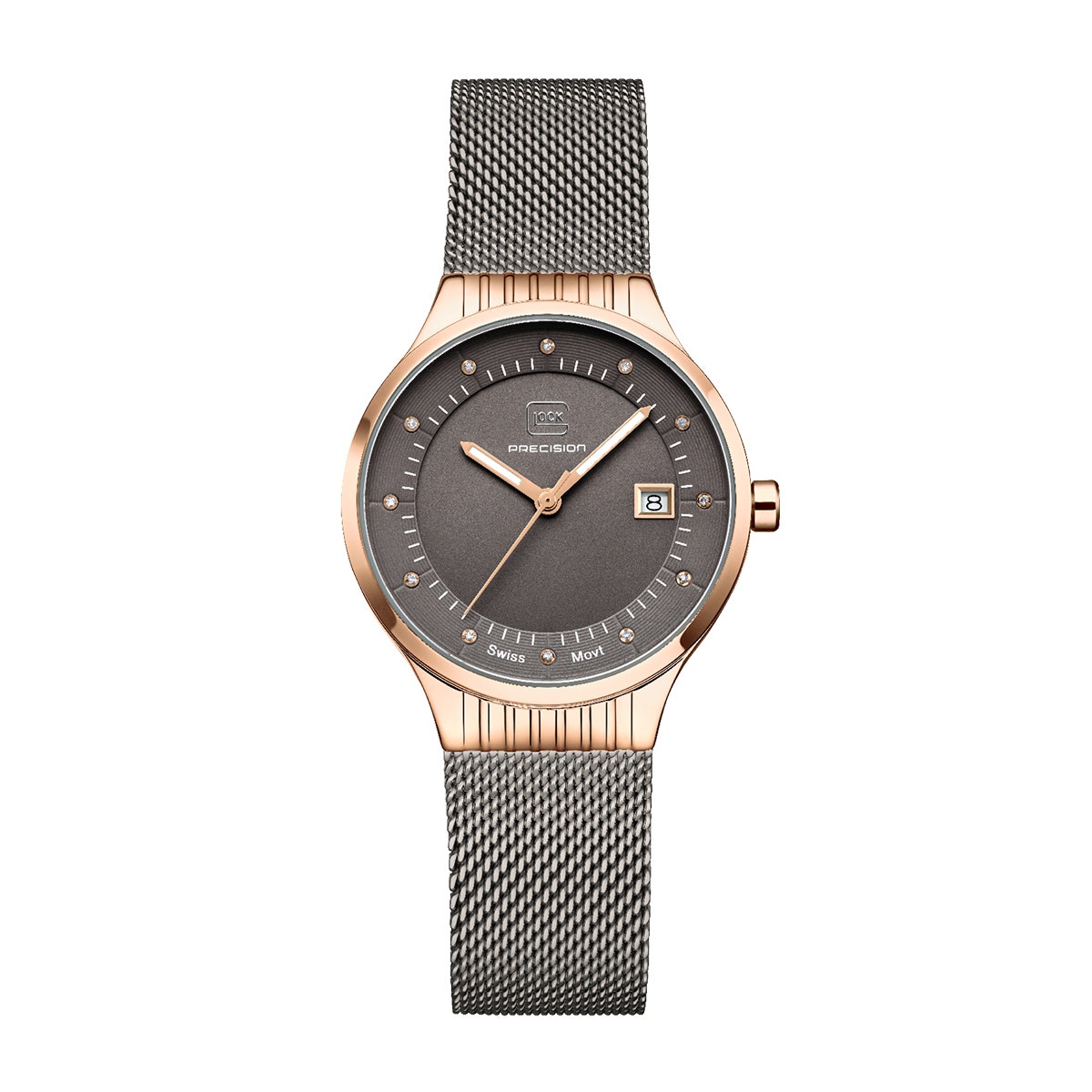 Rose gold-tone stainless steel diamond accent gray dial and mesh band ladies' Glock quartz watch