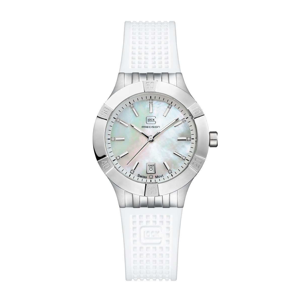 Stainless steel diamond accent mother of pearl dial and white silicone strap Ladies' Glock quartz watch