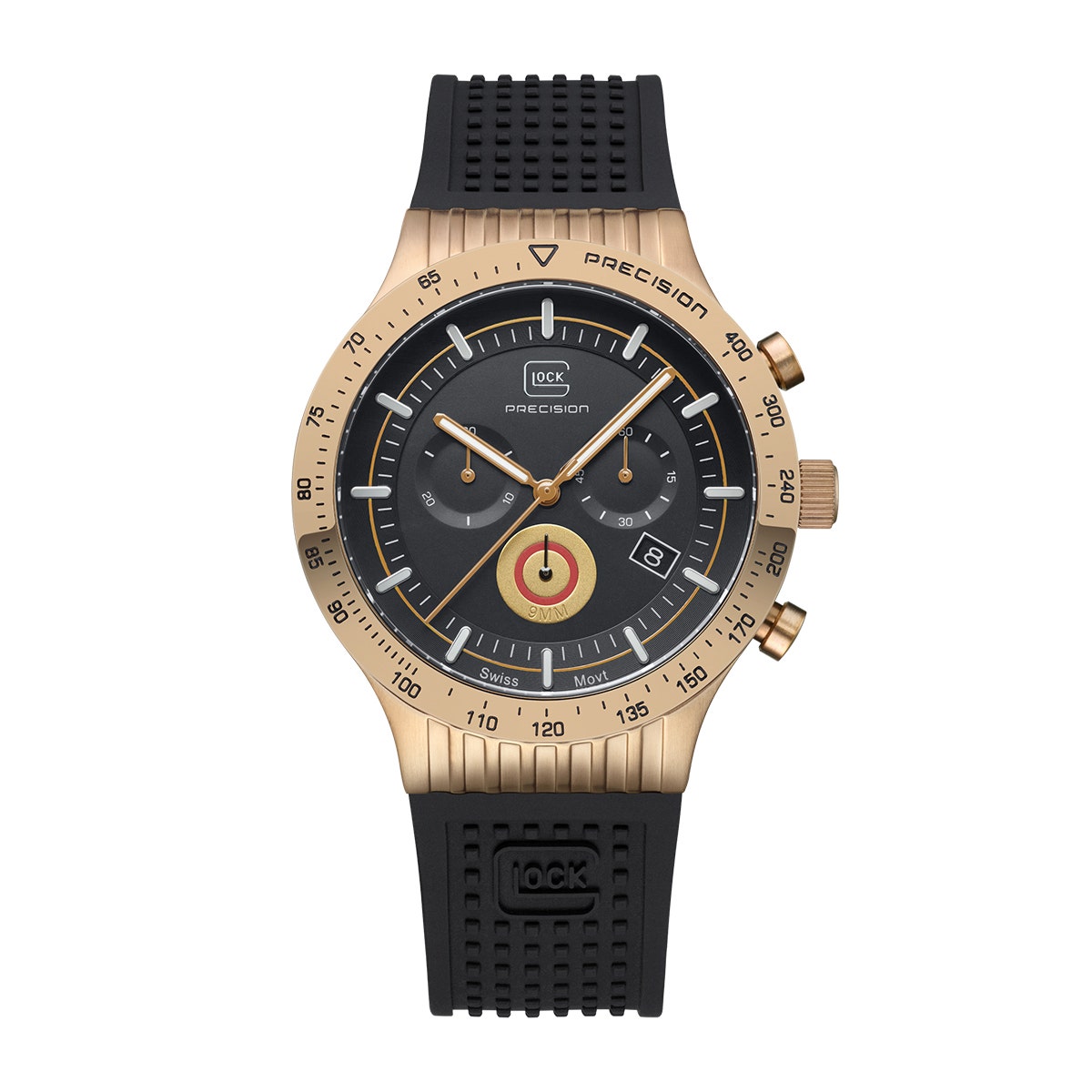Brown stainless steel black dial and silicone strap men's Glock quartz chronograph watch