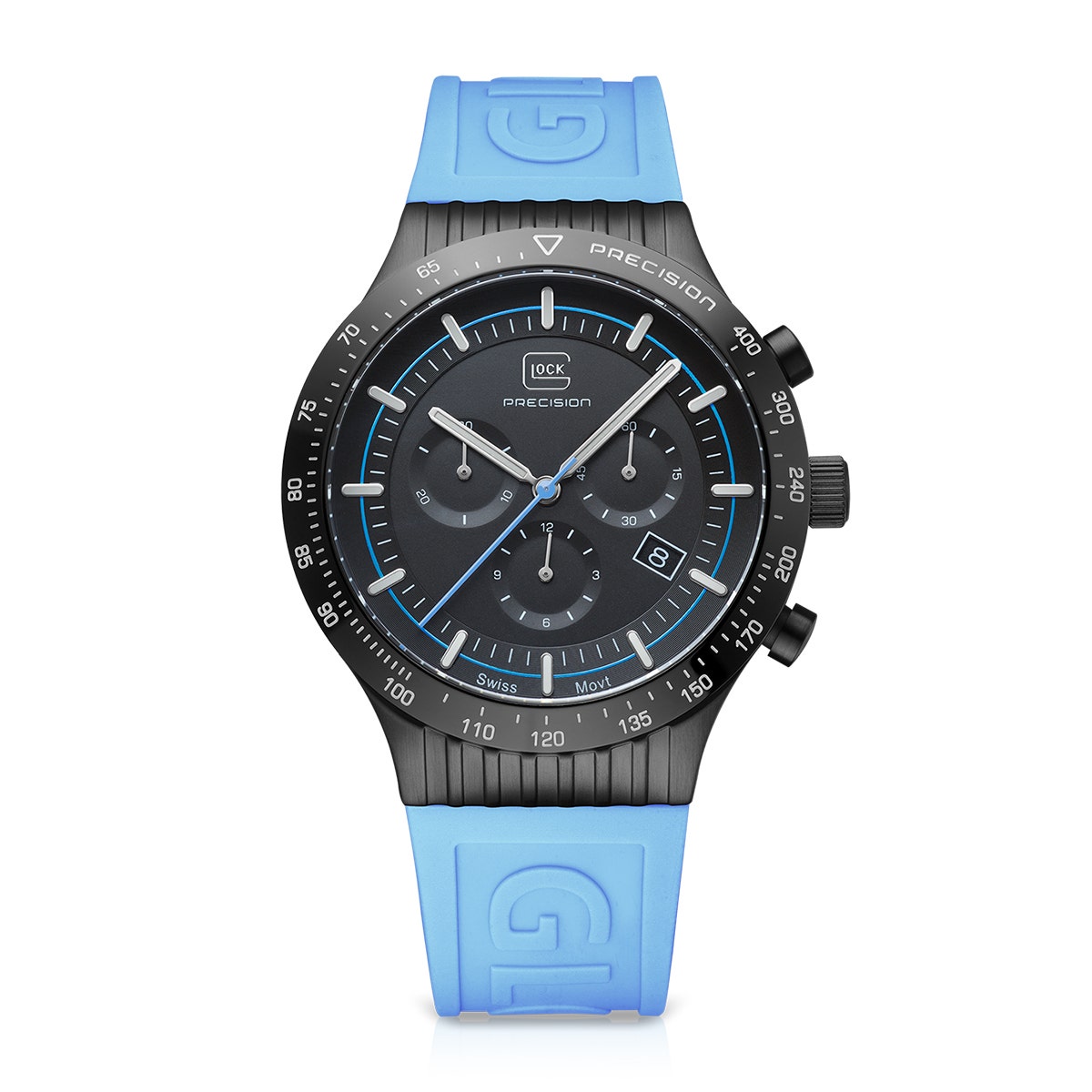 Black stainless steel light blue silicone strap men's Glock quartz chronograph watch