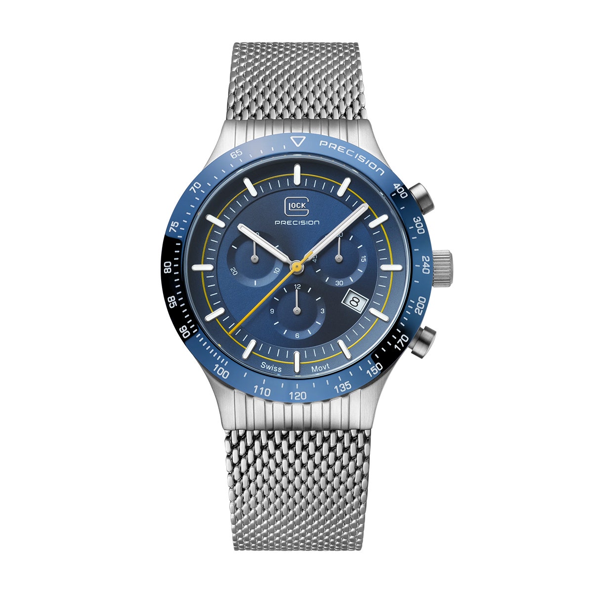 Stainless steel blue dial and mesh band men's Glock quartz chronograph watch