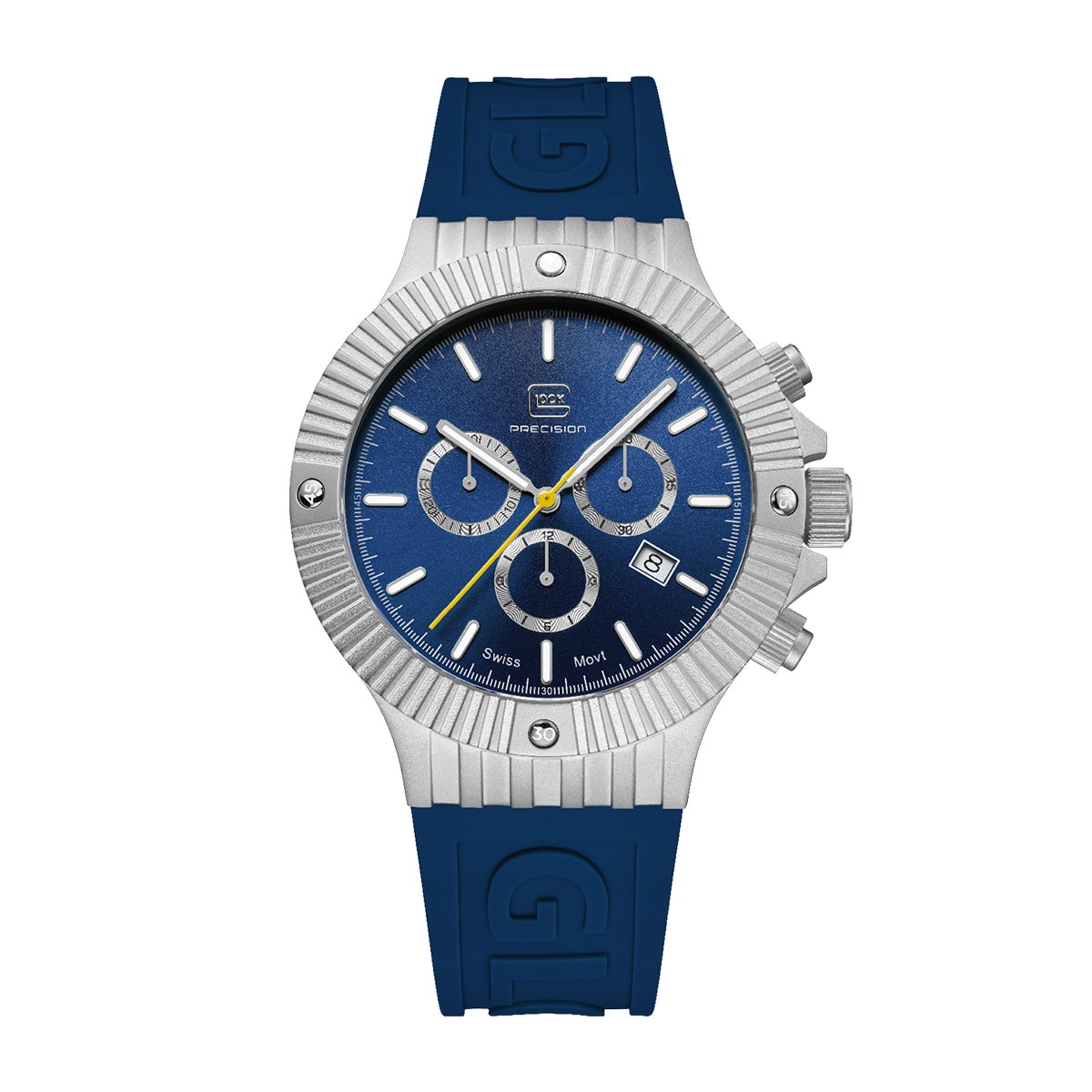 Stainless steel dark blue dial and silicone strap men's Glock quartz chronograph watch