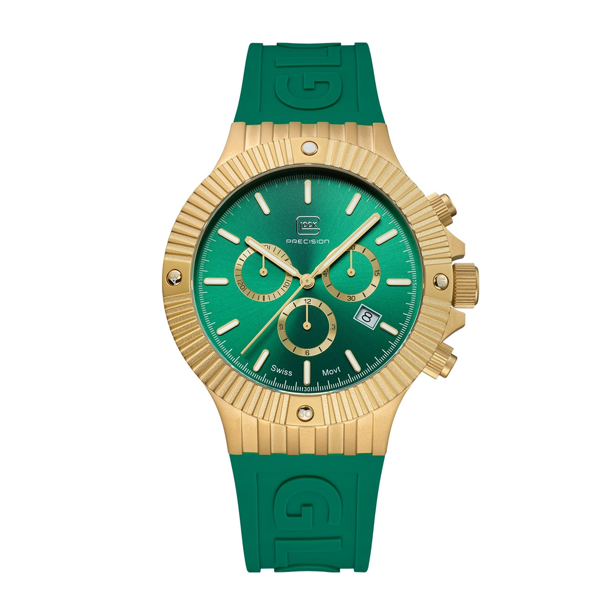 Gold-tone stainless steel green dial and silicone strap men's Glock quartz chronograph watch