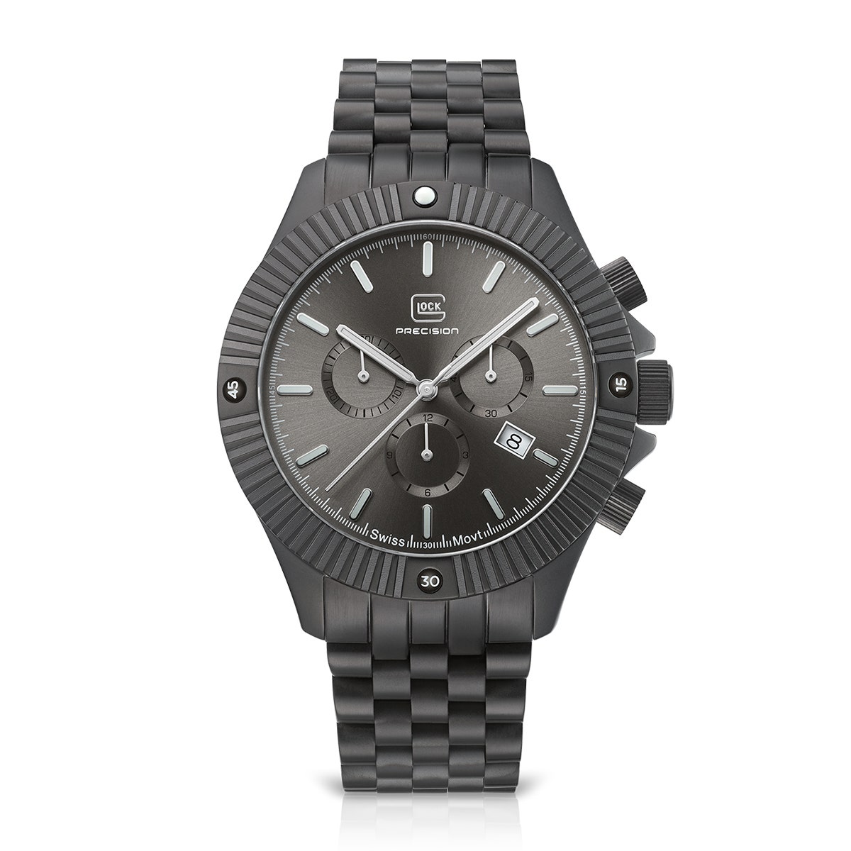 Black stainless steel black dial men's Glock quartz chronograph watch