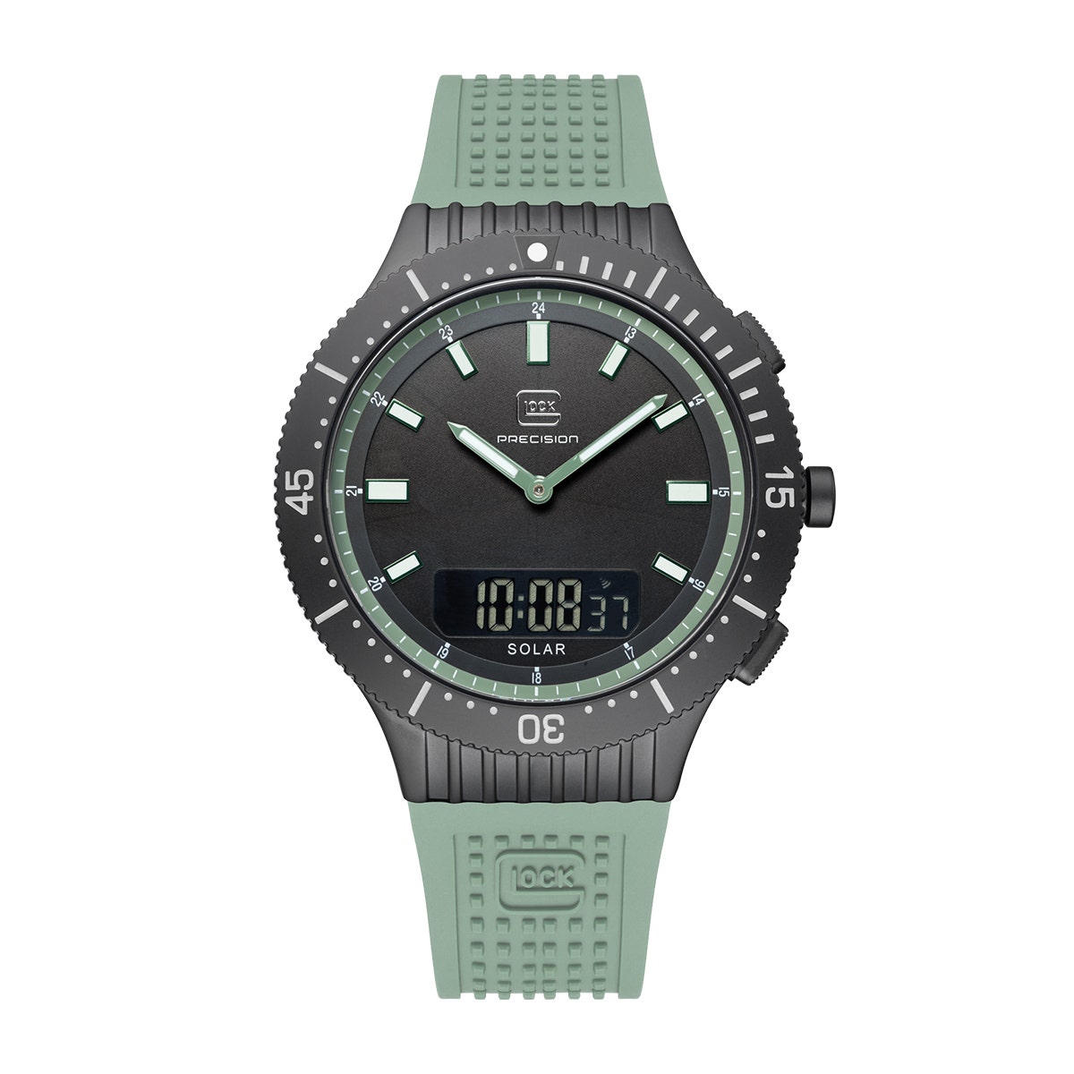 Black stainless steel green silicone strap men's Glock quartz digital and analog watch