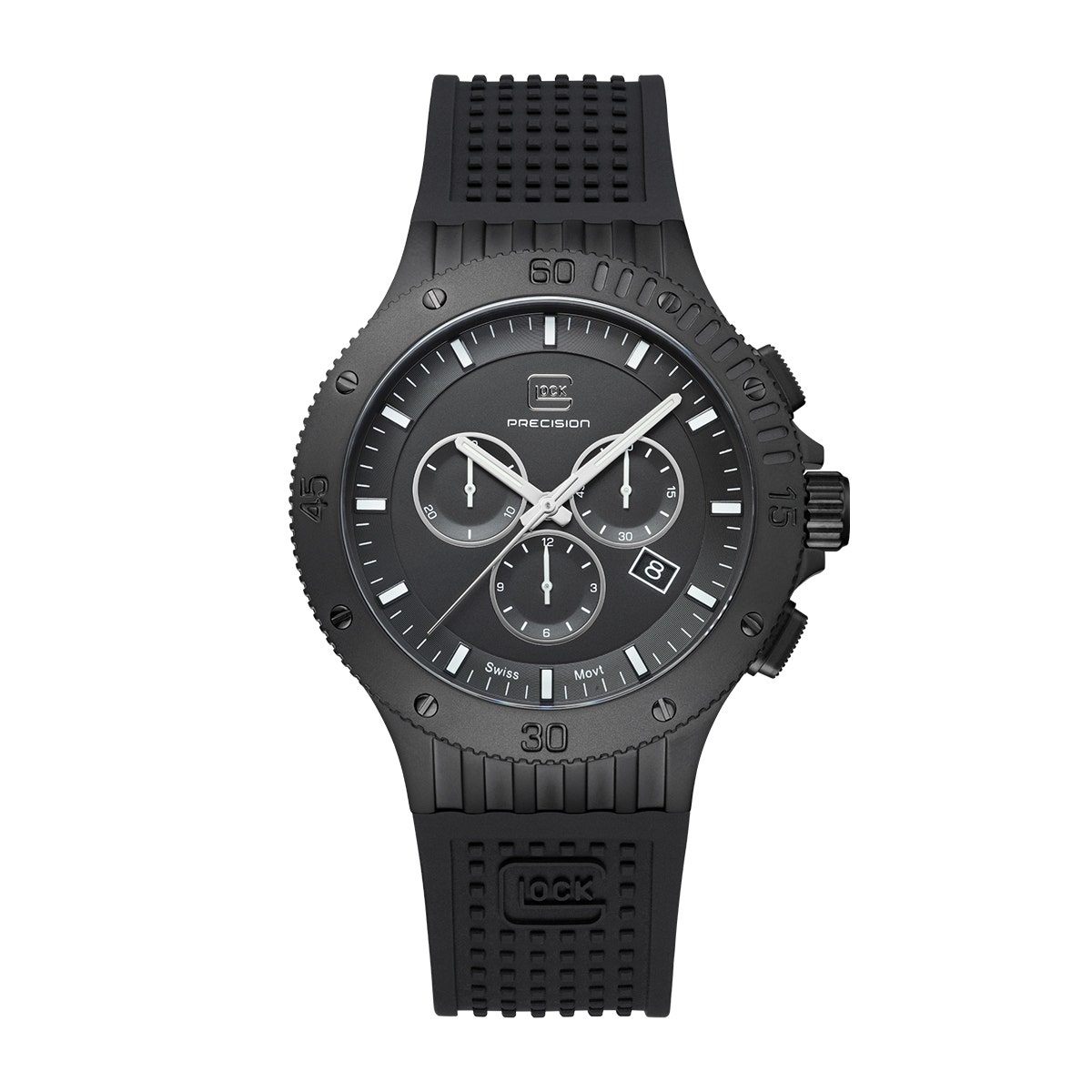 Black stainless steel black dial and silicone strap men's Glock quartz chronograph watch