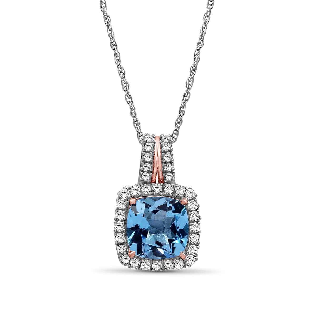 Cushion Swiss Blue & White Topaz Halo Pendant in Sterling Silver & 10K Pink Gold