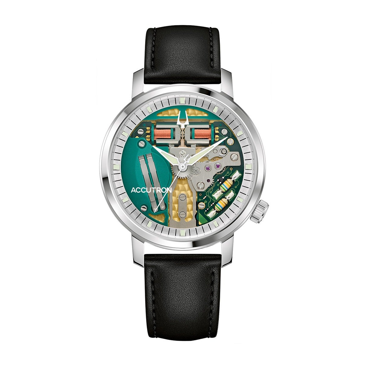 Accutron Men's Spaceview 314 Automatic Stainless Steel Watch with Green Dial & Black Leather Strap