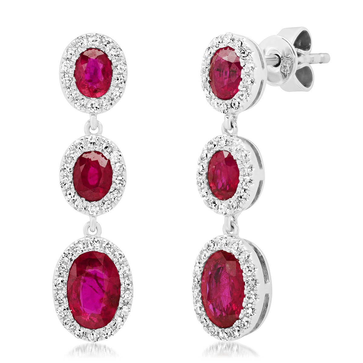 Oval Ruby and 1/3 ct. tw. Diamond Halo 3-Stone Drop Earrings in 14K White Gold - LE-8583R
