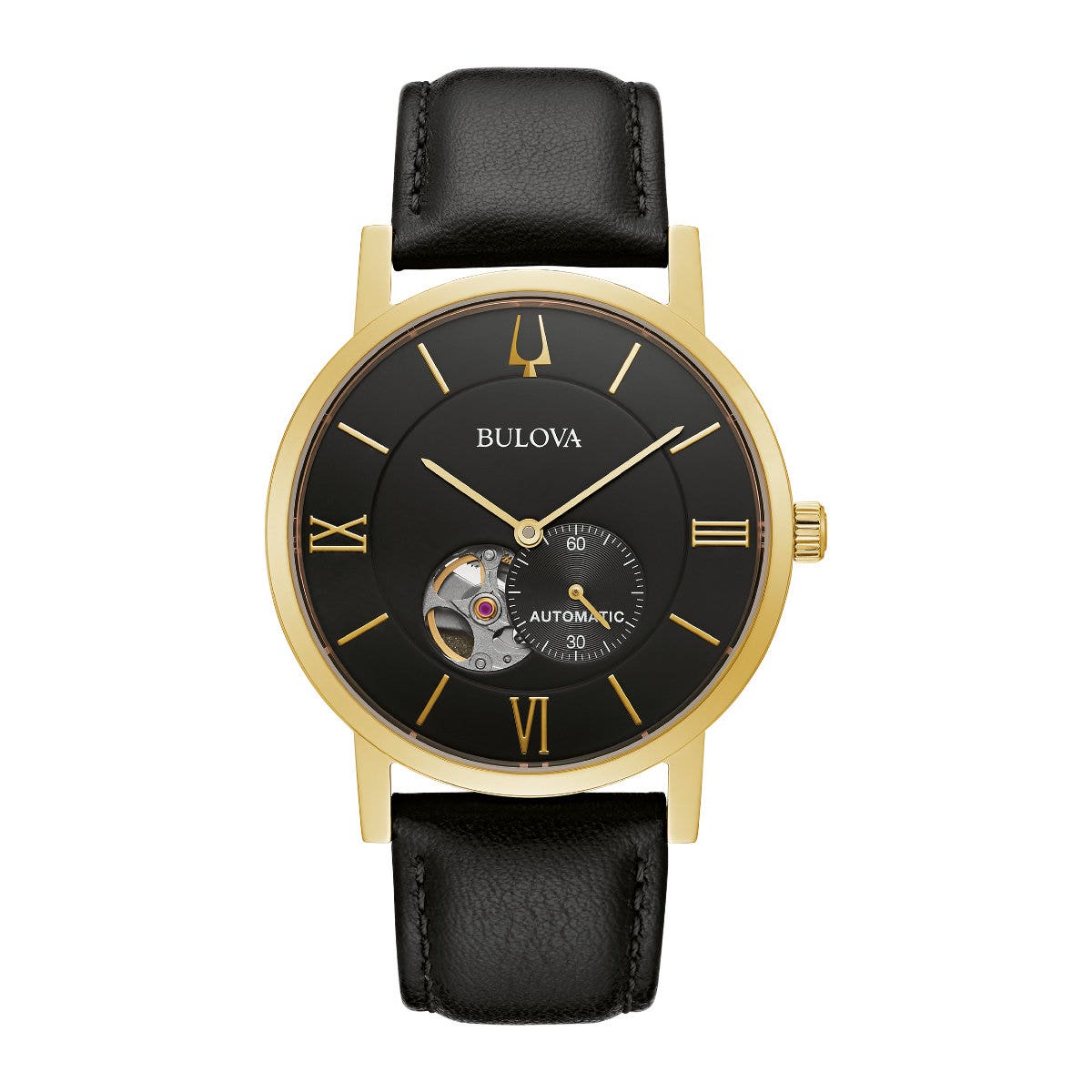 Bulova Men's American Clipper Stainless Steel Watch with Black Dial and Leather Strap - 97A154