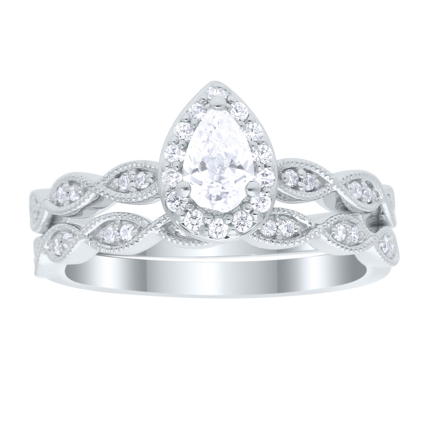 True Promise 1/2 ct. tw. Pear Diamond Halo Wedding Set with Milgrain Detailing in 10K White Gold