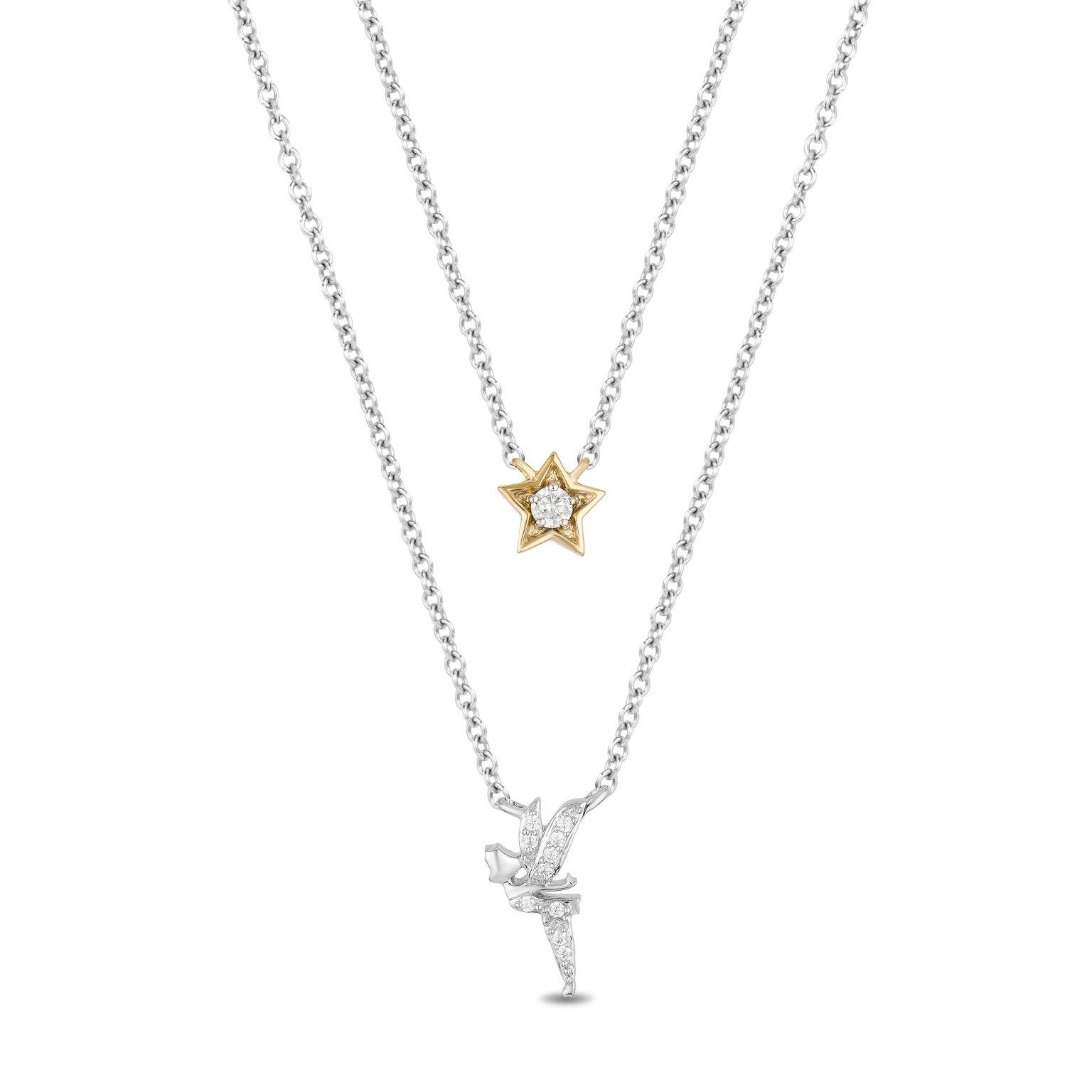 Enchanted Disney 1/10 ct. tw. Tinkerbell with Star Double-Layered Necklace in Sterling Silver and 10K Yellow Gold - NKOO690SY1PDSRD