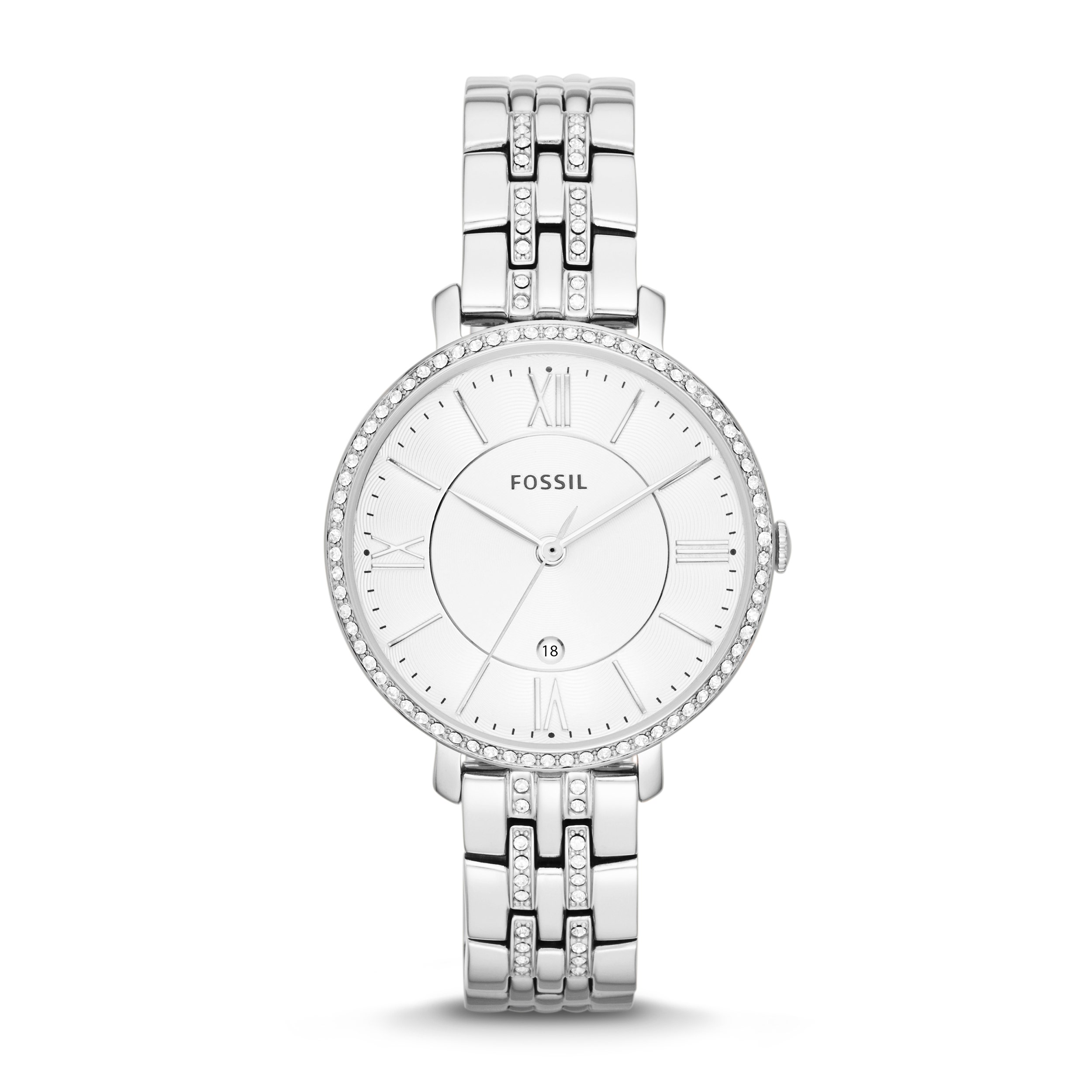 Fossil Ladies' Jacqueline Stainless Steel Analog Watch with Crystal Bezel and White Dial - ES3545