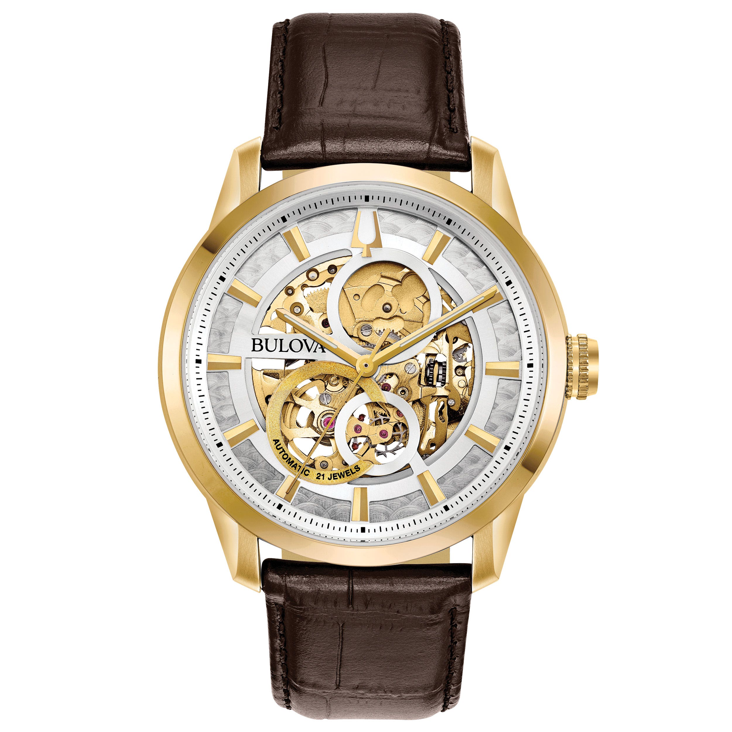 Bulova Men's Sutton Mechanical Watch with Skeletonized Dial and Brown Leather Strap
