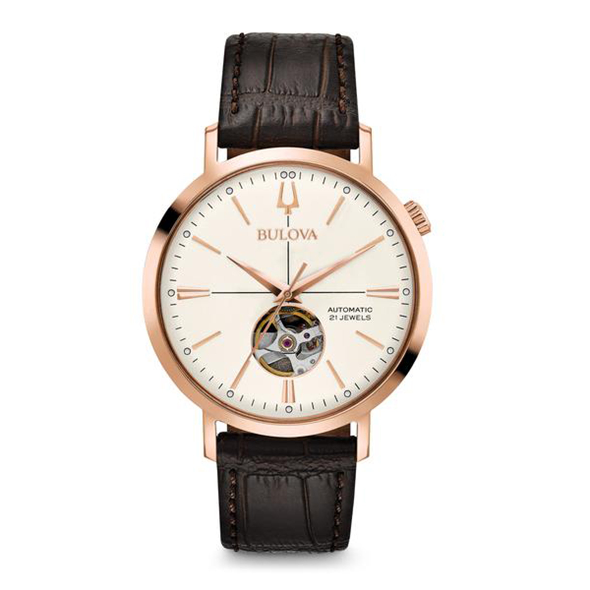 Bulova Men's Classic Automatic Collection Watch with Open Aperture Accent with White Dial and Crocodile Embossed Brown Leather Strap