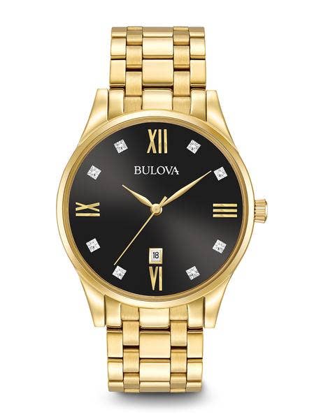 Bulova Diamond Collection Men's Black Dial Watch with 8 Diamond Hour Accents in Gold-Tone Stainless Steel - 97D108