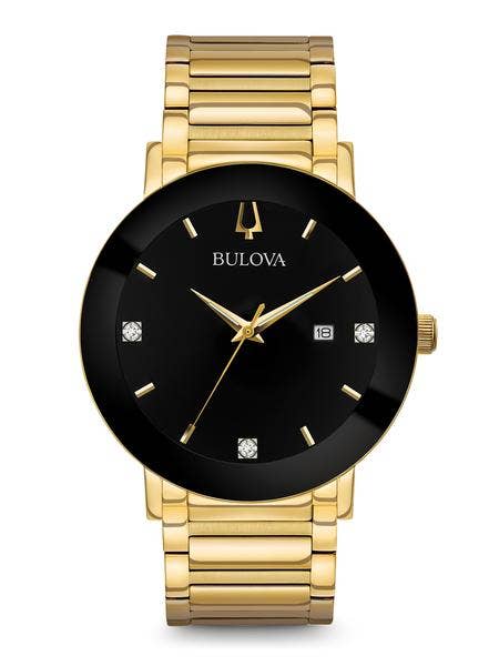 Bulova Modern Collection Men's Black Dial Watch with 3 Diamond Accent in Gold-Tone Stainless Steel  - 97D116