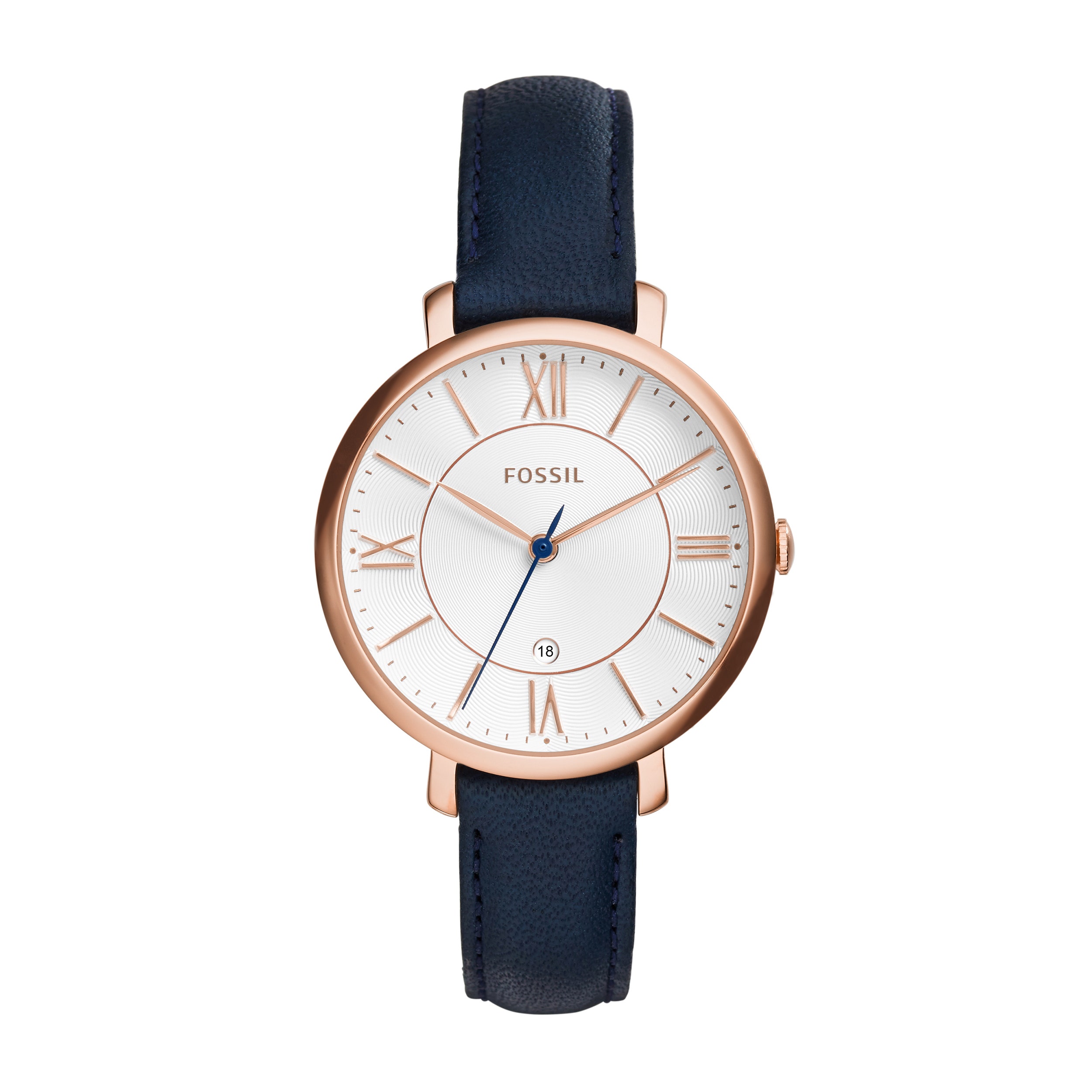 Fossil Ladies' Jacqueline Quartz Rose Gold-Tone Watch with White Dial & Navy Leather Strap