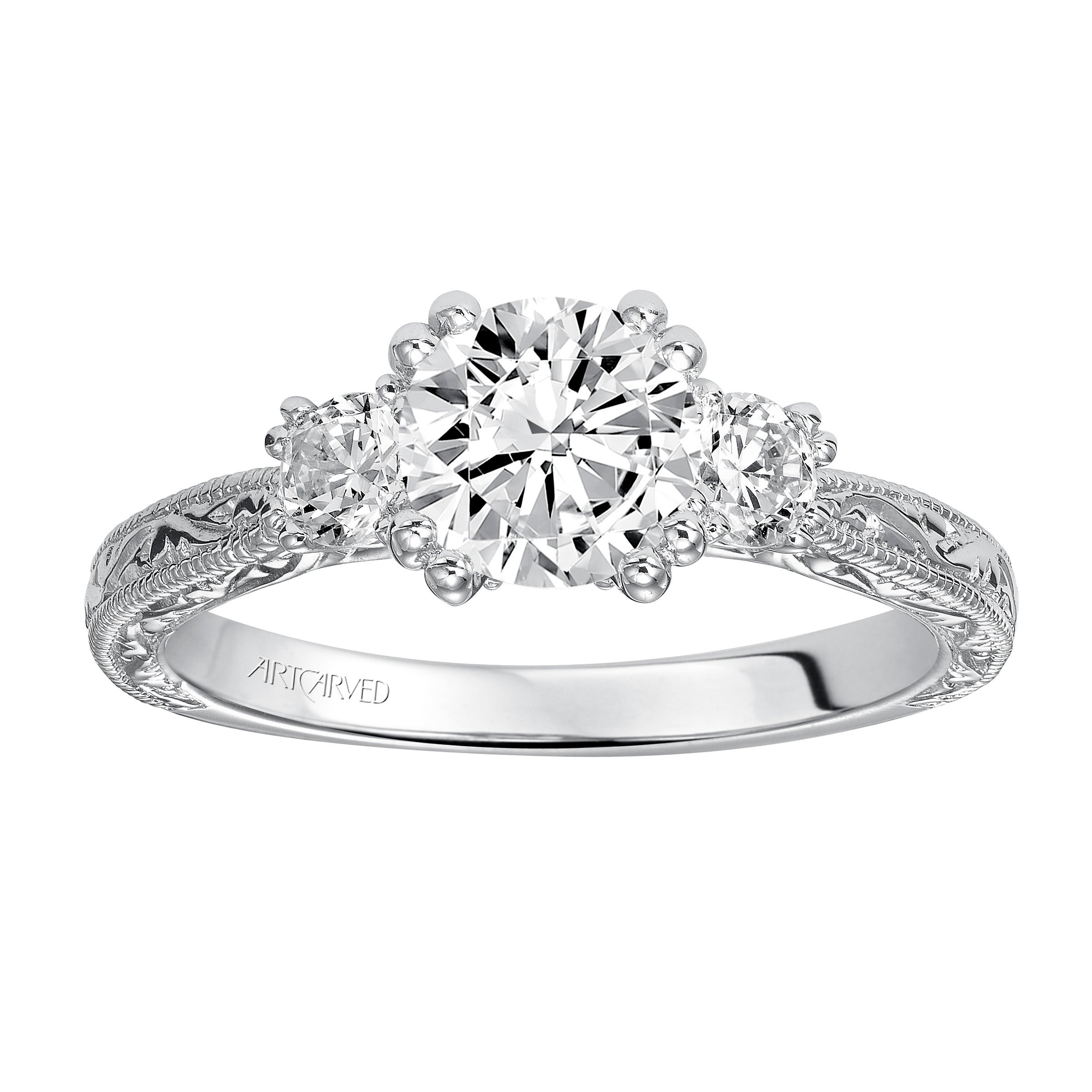 ArtCarved Vintage 1/3 ct. tw. Round Diamond Semi-Mount Engagement Ring with Milgrain and Filigree Detailing in 14K White Gold- 31-VZ433ERS-E
