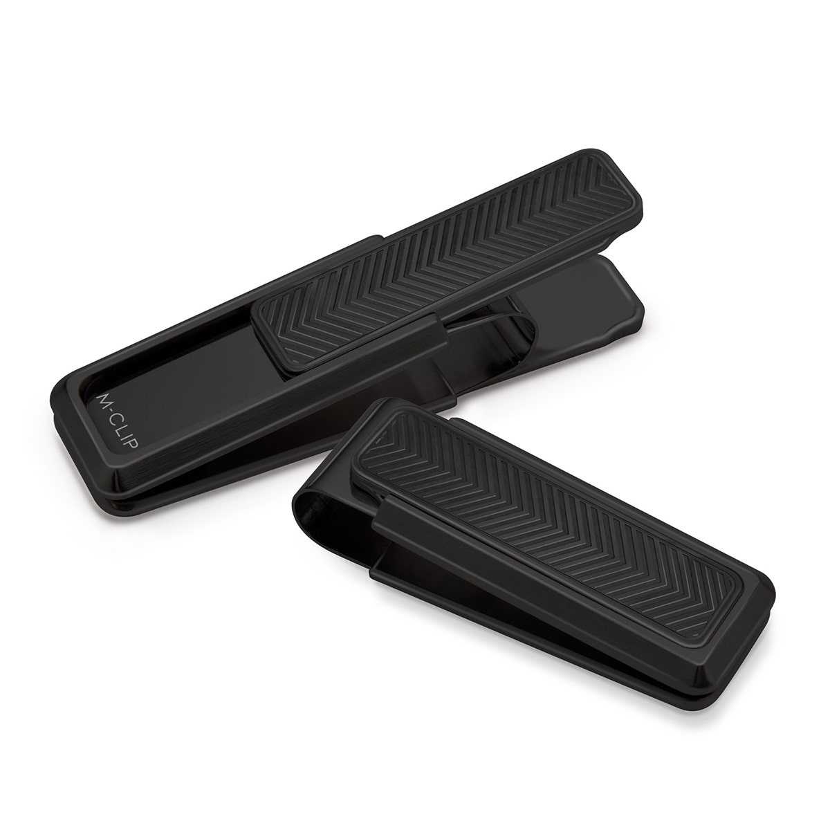 black stainless steel money clip with chevron patterned inlay