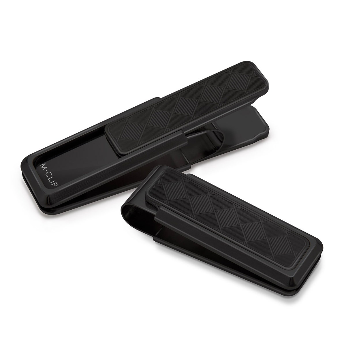 black stainless steel money clip with herringbone patterned inlay
