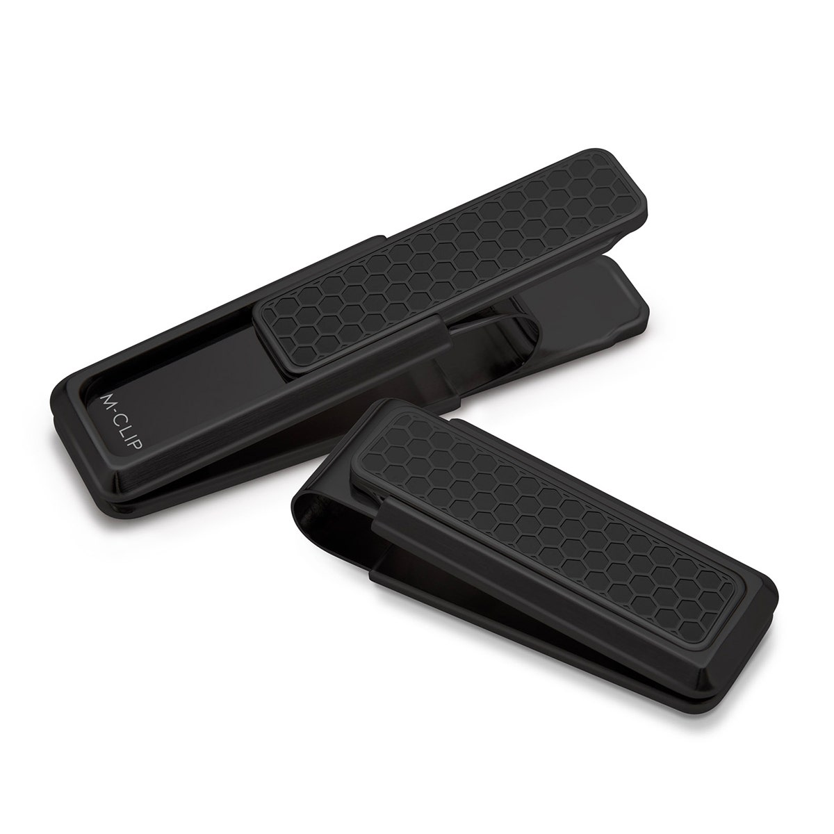 black stainless steel money clip with honeycomb patterned inlay