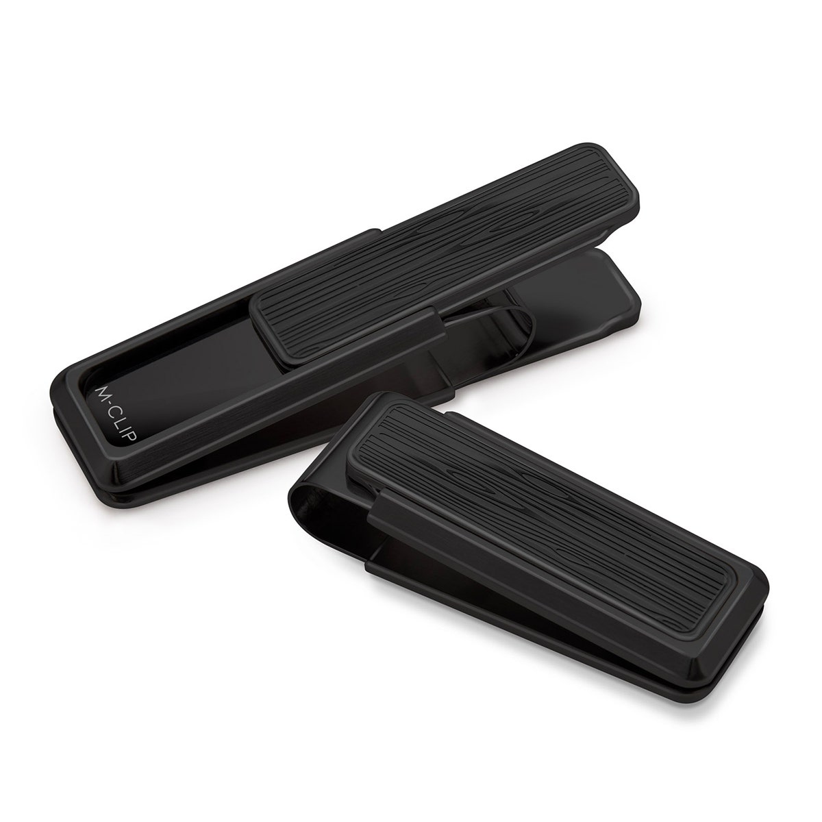 black stainless steel money clip with wood patterned inlay