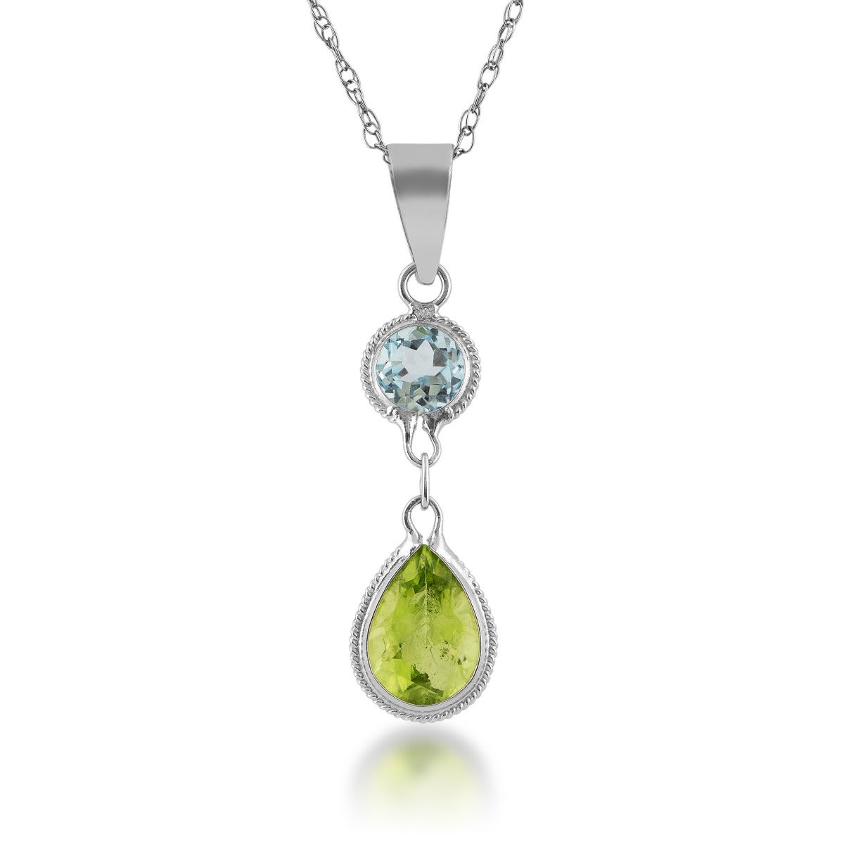 Pear Peridot and Round Blue Topaz Pendant in 14K White Gold -PW16447-PEBT