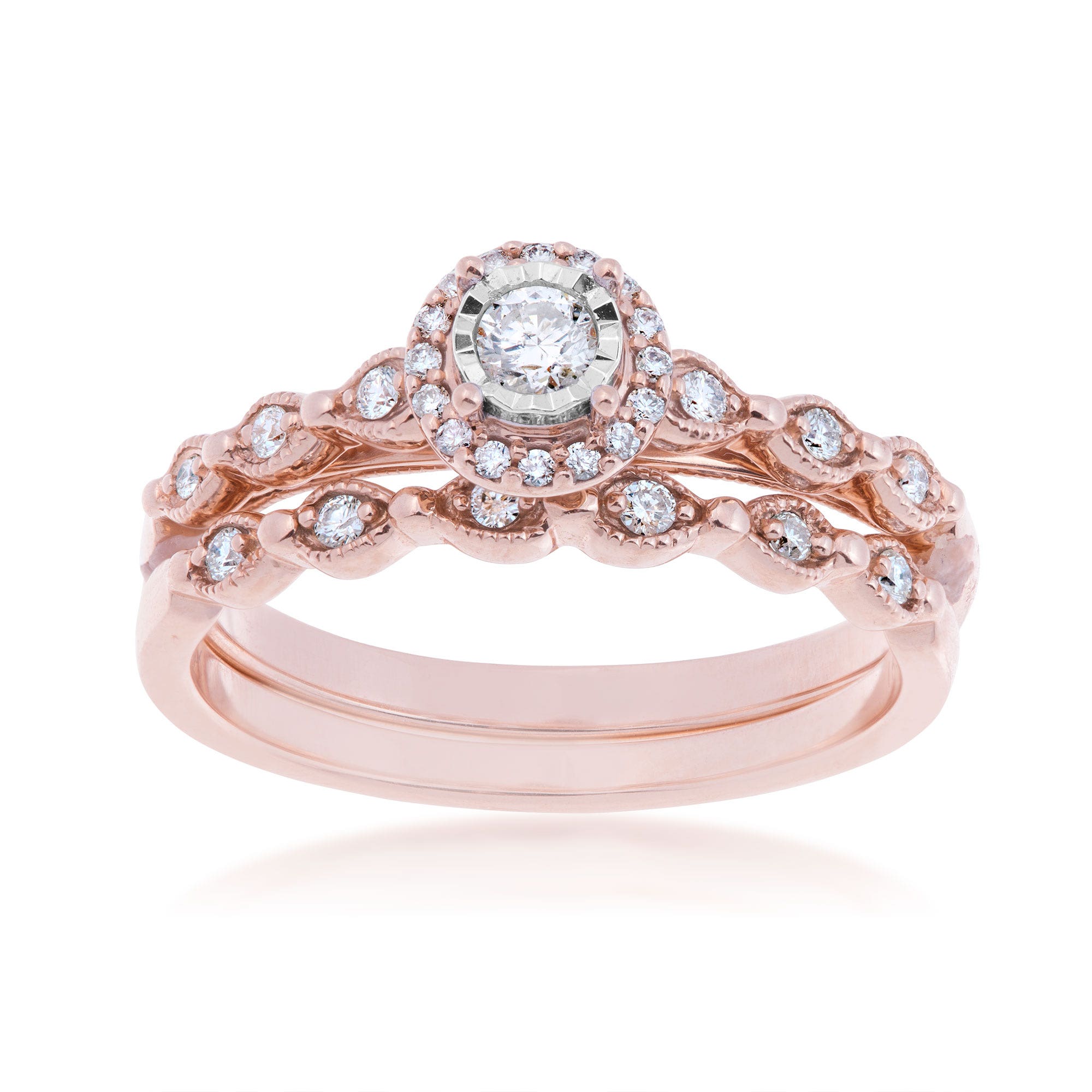 True Promise 1/4 ct. tw. Round Diamond Halo Wedding Set with Vintage Inspired Detailing in 10K Pink Gold - RB-7172TPA68-0P