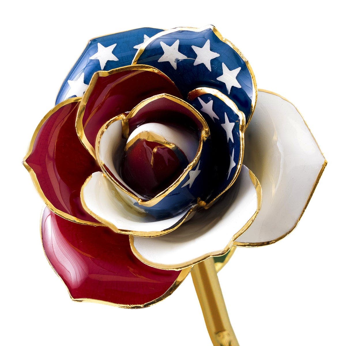 gold dipped rose with red, white, and blue with stars petals