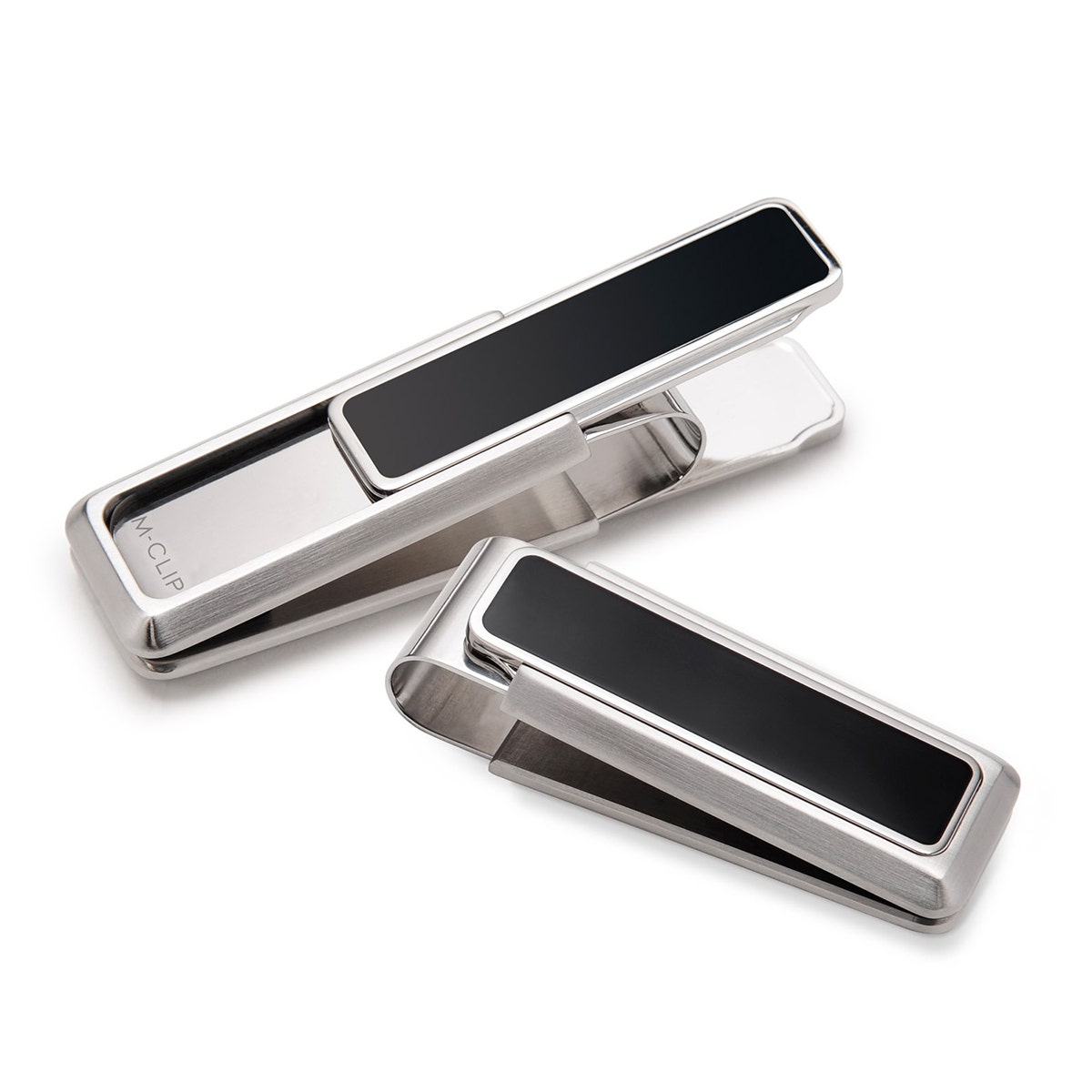 brushed finish stainless steel money clip with black enamel inlay
