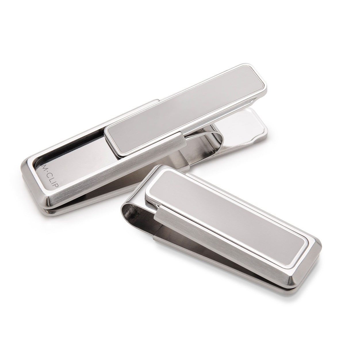 brushed finish stainless steel money clip with gray inlay