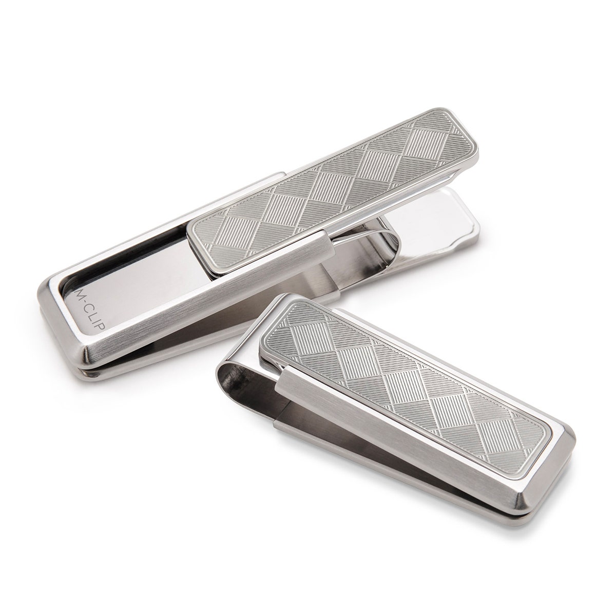 brushed finish stainless steel money clip with etched herringbone patterned inlay