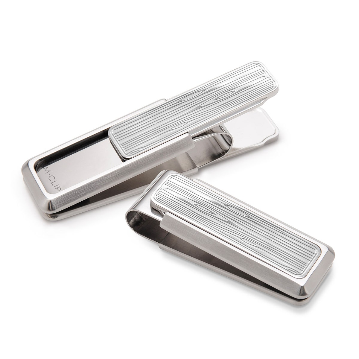 brushed finish stainless steel money clip with etched wood patterned inlay